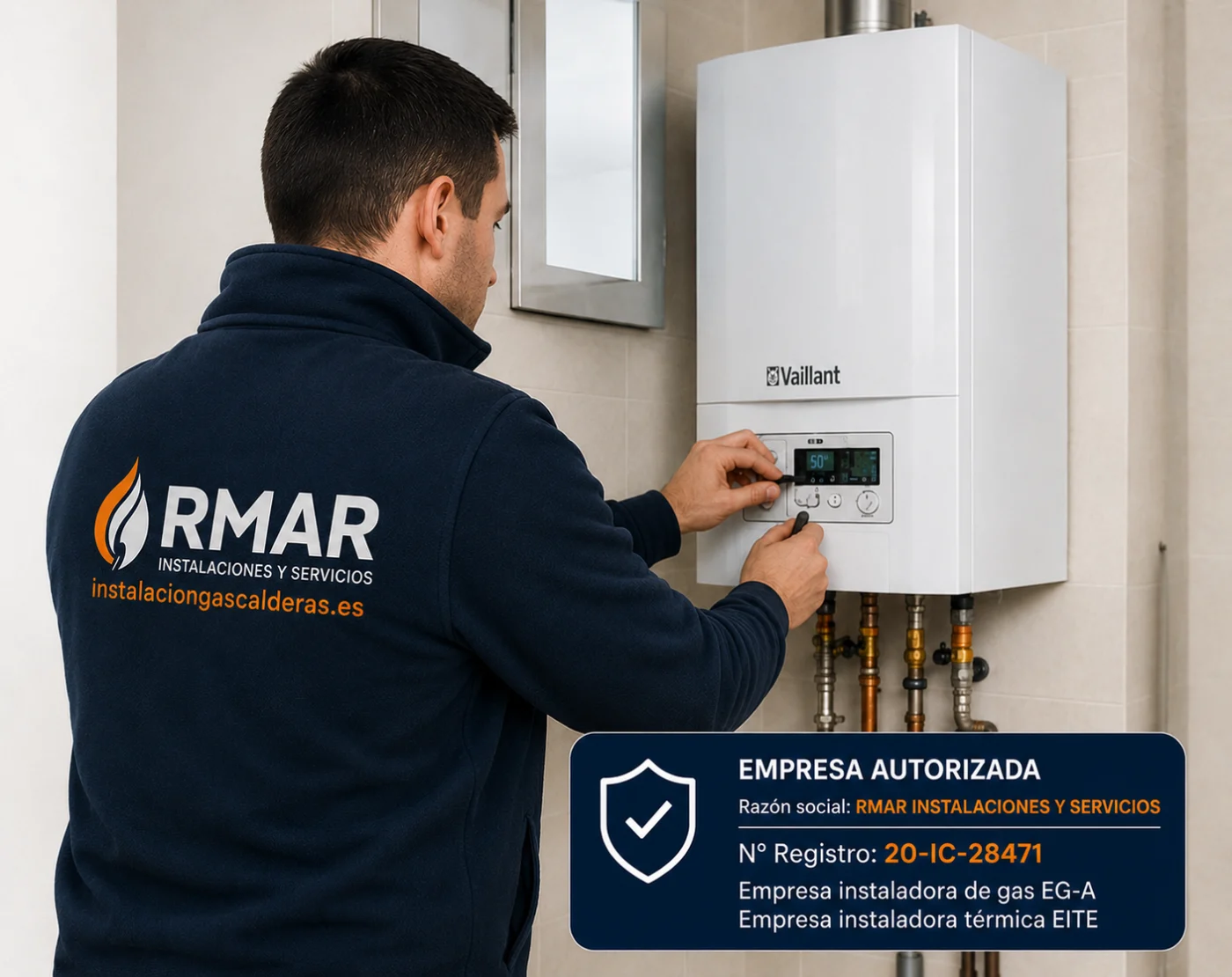 Técnico de RMAR instalando una caldera de gas, empresa autorizada